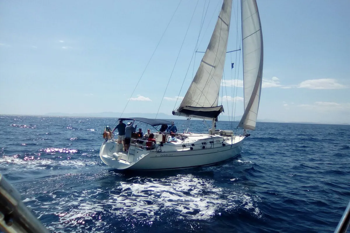Exterior view of Elios, a Beneteau Cyclades 50.5 sailboat at Cagliari, Italy