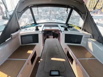Cockpit of Amunì, a Dufour 41 sailboat at Procida, Italy