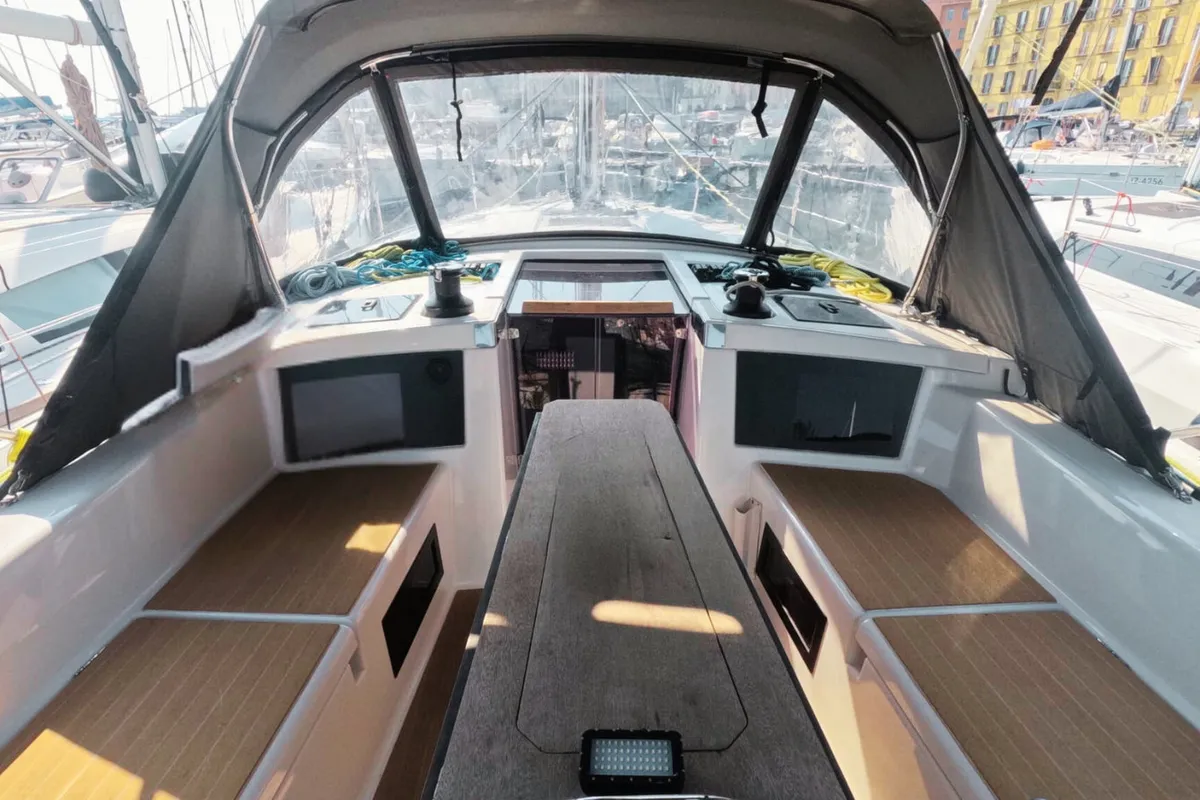 Cockpit of Amunì, a Dufour 41 sailboat at Procida, Italy