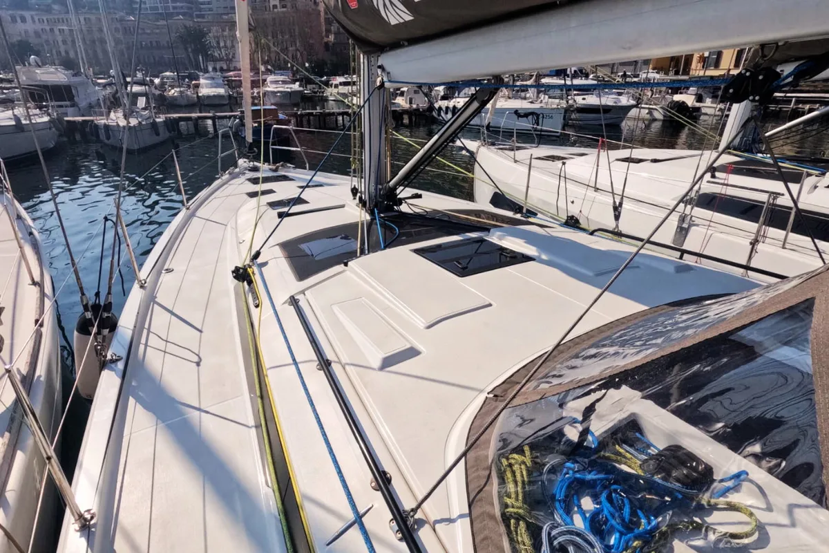 Deck of Amunì, a Dufour 41 sailboat at Procida, Italy