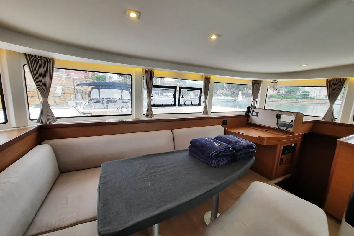 Salon of Senza Se, a Lagoon 42 catamaran at Tonnarella, Italy