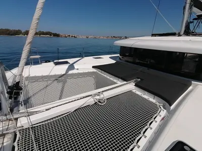 Deck of Senza Se, a Lagoon 42 catamaran at Tonnarella, Italy