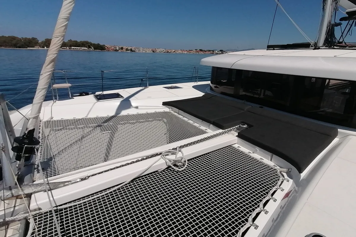 Deck of Senza Se, a Lagoon 42 catamaran at Tonnarella, Italy