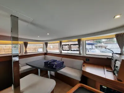 Salon of Senza Se, a Lagoon 42 catamaran at Tonnarella, Italy