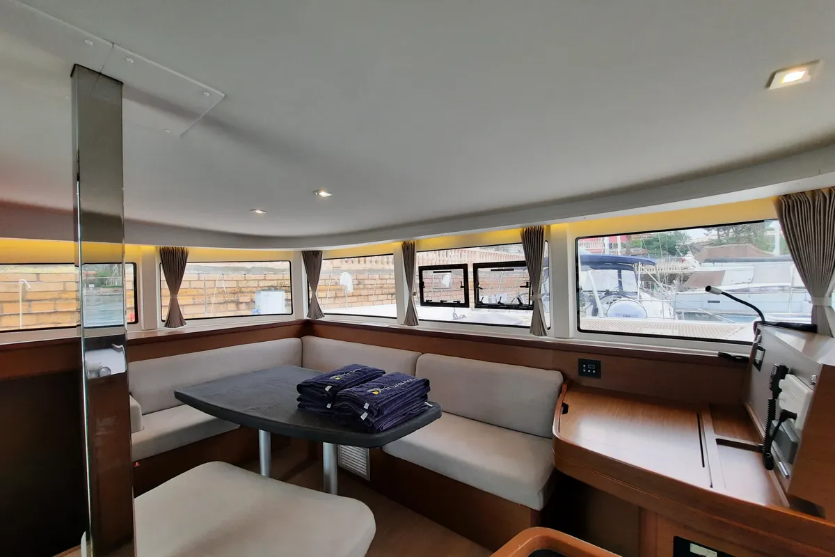 Salon of Senza Se, a Lagoon 42 catamaran at Tonnarella, Italy