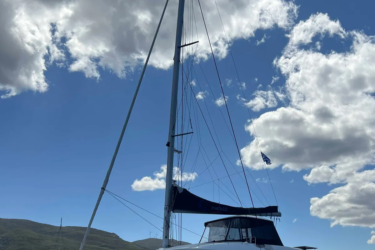 Exterior view of Pearl, a Lagoon 51 catamaran at Athens, Greece