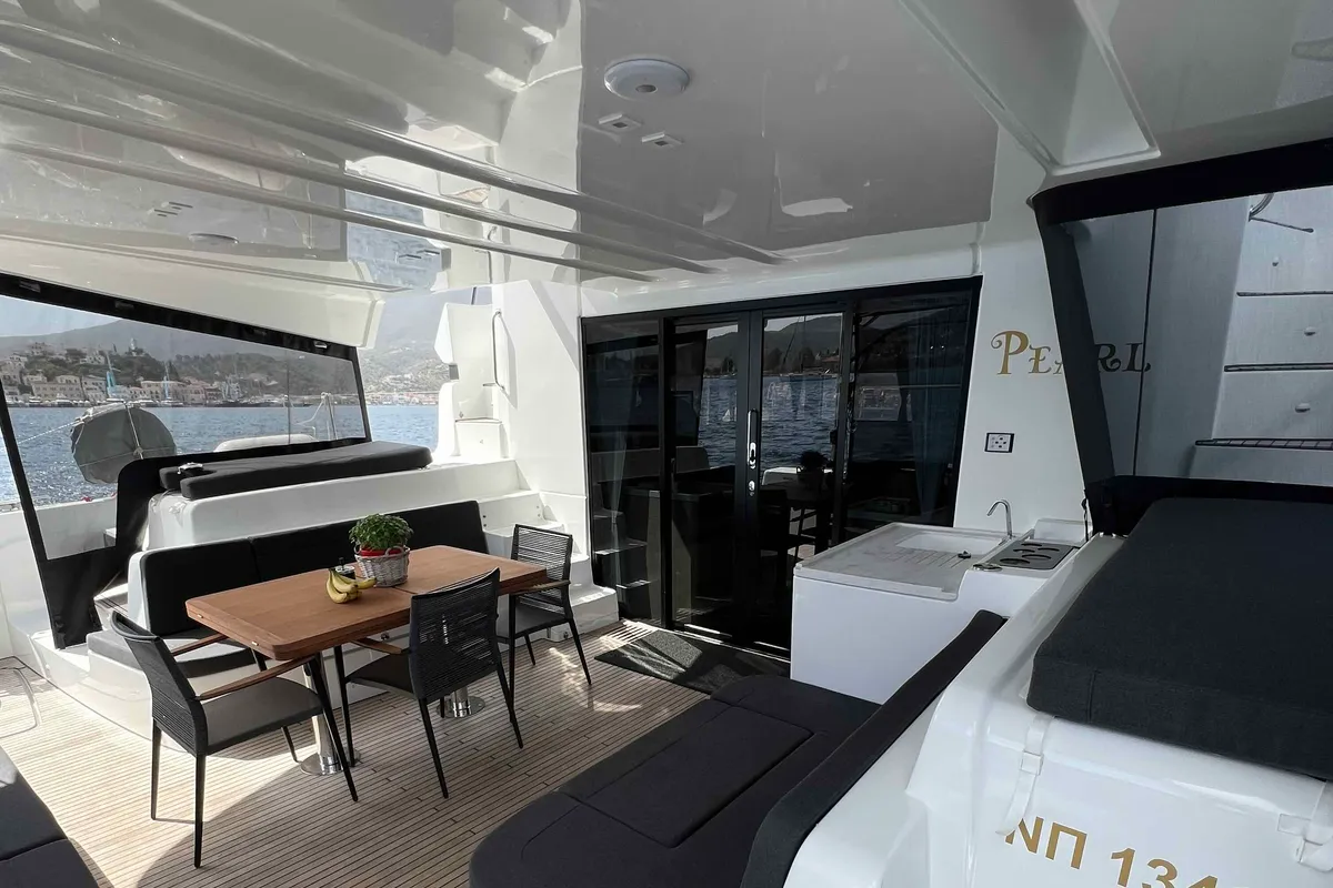 Deck of Pearl, a Lagoon 51 catamaran at Athens, Greece