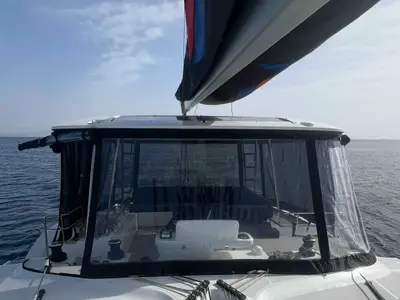Cockpit of Pearl, a Lagoon 51 catamaran at Athens, Greece