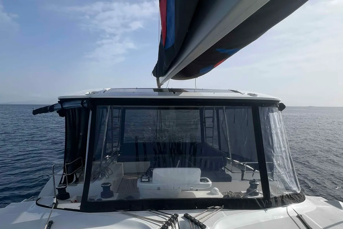 Cockpit of Pearl, a Lagoon 51 catamaran at Athens, Greece