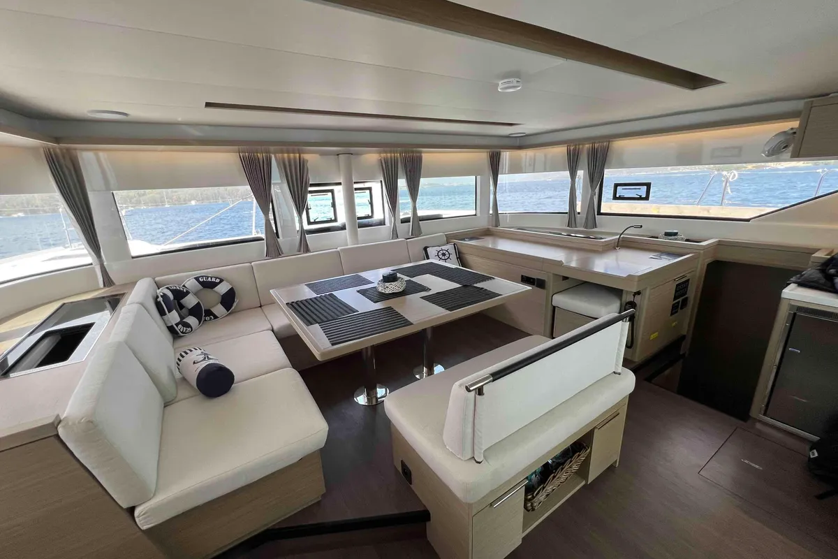 Salon of Pearl, a Lagoon 51 catamaran at Athens, Greece