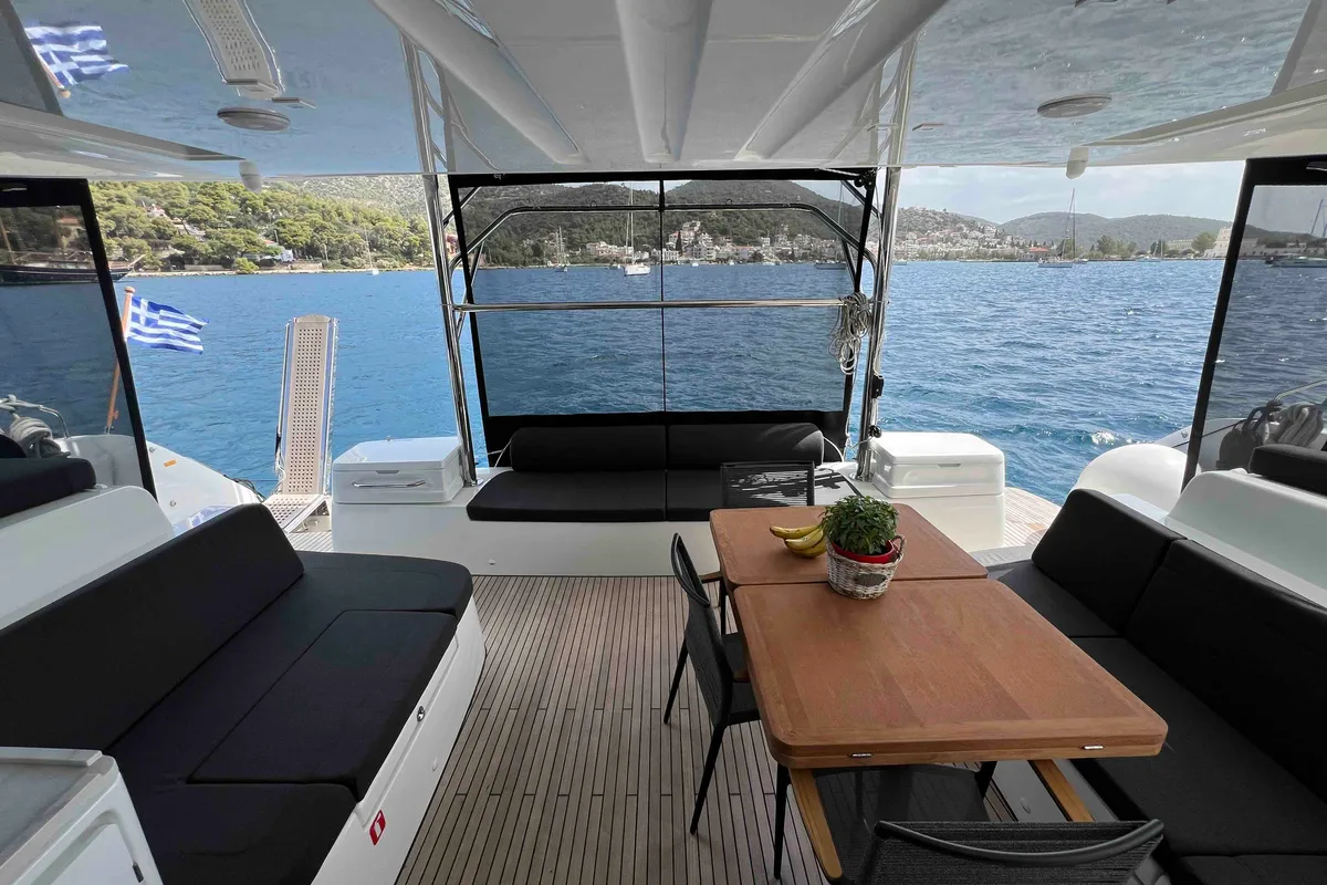 Deck of Pearl, a Lagoon 51 catamaran at Athens, Greece