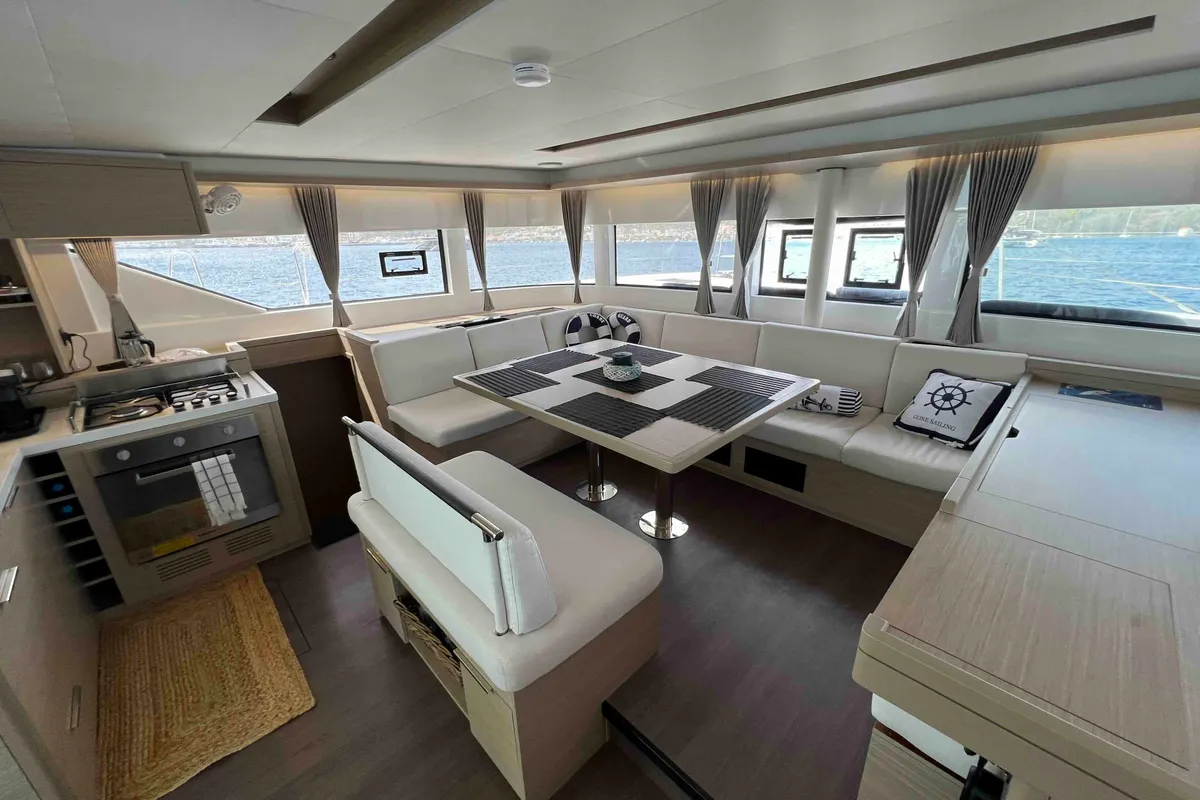 Salon of Pearl, a Lagoon 51 catamaran at Athens, Greece