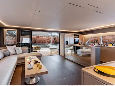Salon of Zenit, a Lagoon Seventy 8 catamaran at Marigot, France