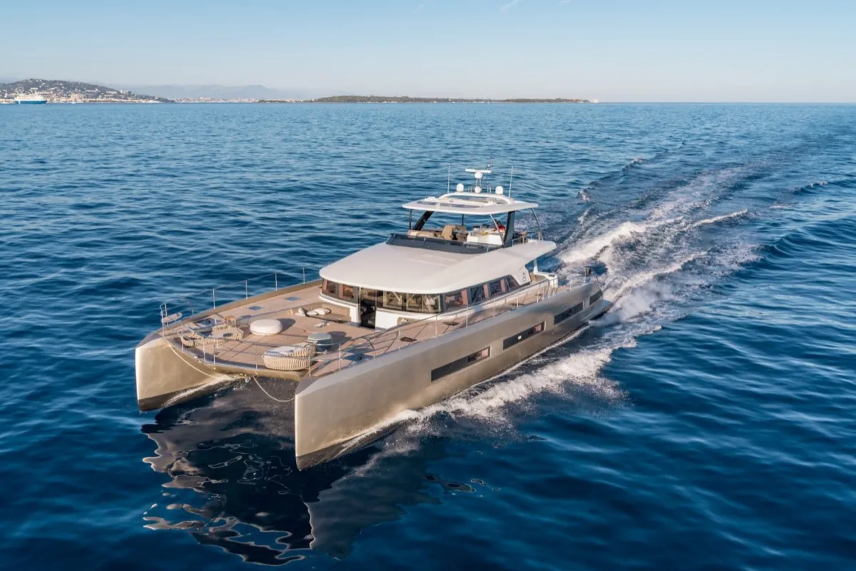 Exterior view of Zenit, a Lagoon Seventy 8 catamaran at Marigot, France
