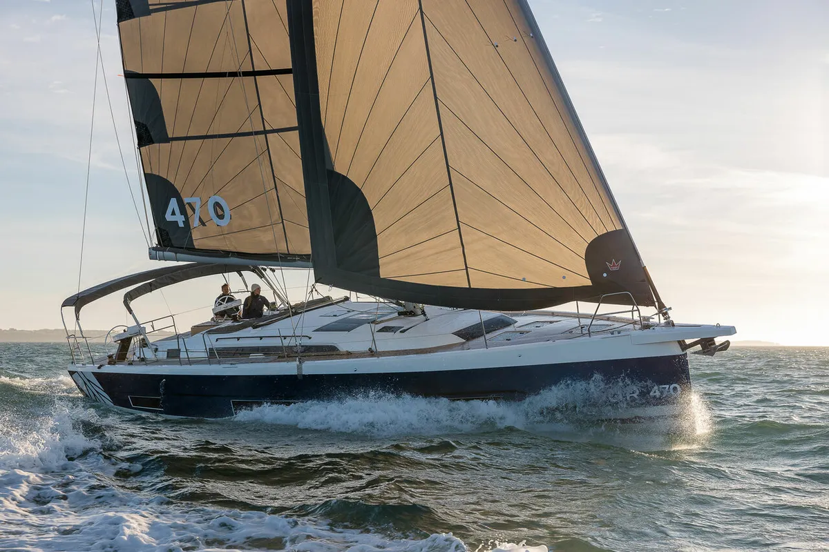Exterior view of Rehoboam, a Dufour 470 sailboat at Salerno, Italy