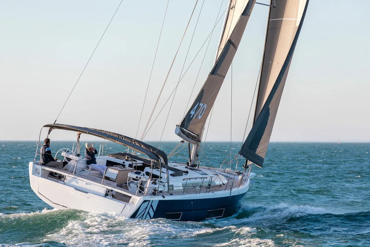 Exterior view of Rehoboam, a Dufour 470 sailboat at Salerno, Italy