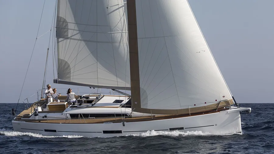 Exterior view of Amigo, a Dufour 460 Grand Large sailboat at Parikia, Greece