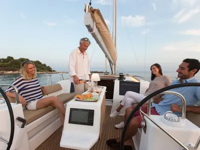 Deck of Amigo, a Dufour 460 Grand Large sailboat at Parikia, Greece