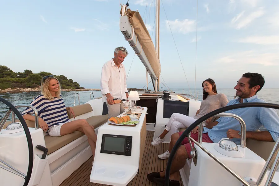 Deck of Amigo, a Dufour 460 Grand Large sailboat at Parikia, Greece