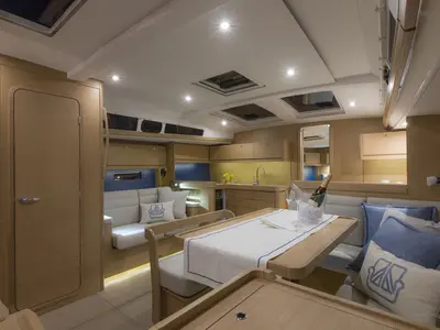 Salon of Amigo, a Dufour 460 Grand Large sailboat at Parikia, Greece
