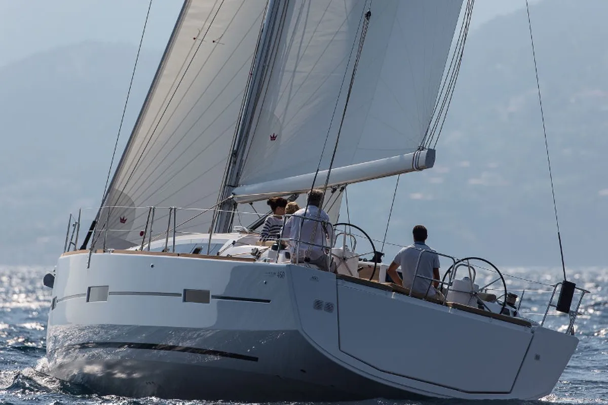 Exterior view of Amigo, a Dufour 460 Grand Large sailboat at Parikia, Greece