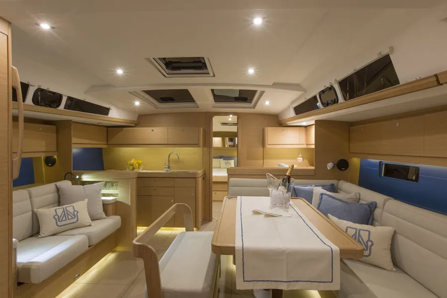 Salon of Amigo, a Dufour 460 Grand Large sailboat at Parikia, Greece