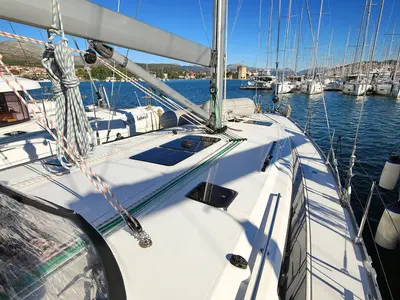 Deck of Saphir, a Bavaria Cruiser 46 sailboat at Grad Trogir, Croatia