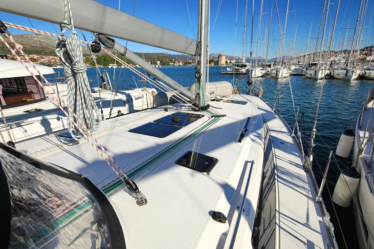 Deck of Saphir, a Bavaria Cruiser 46 sailboat at Grad Trogir, Croatia