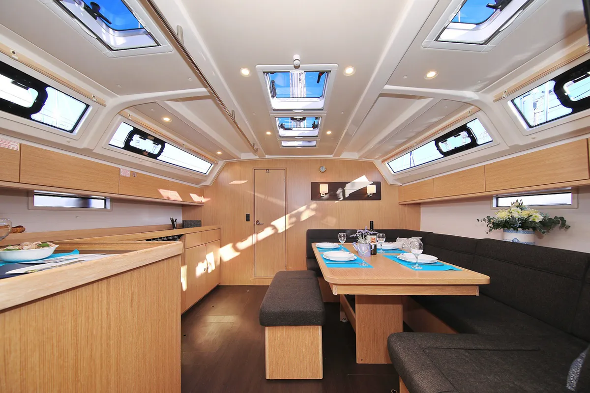 Salon of Saphir, a Bavaria Cruiser 46 sailboat at Grad Trogir, Croatia