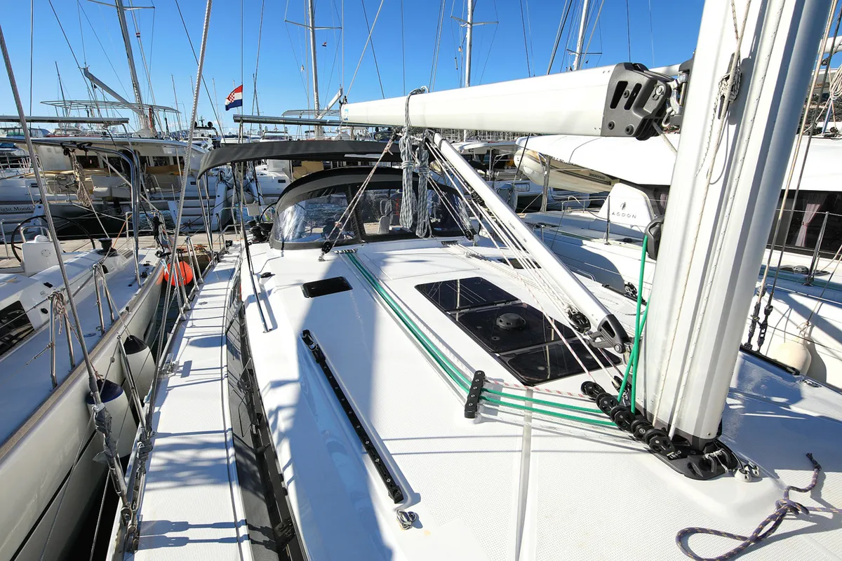Deck of Saphir, a Bavaria Cruiser 46 sailboat at Grad Trogir, Croatia
