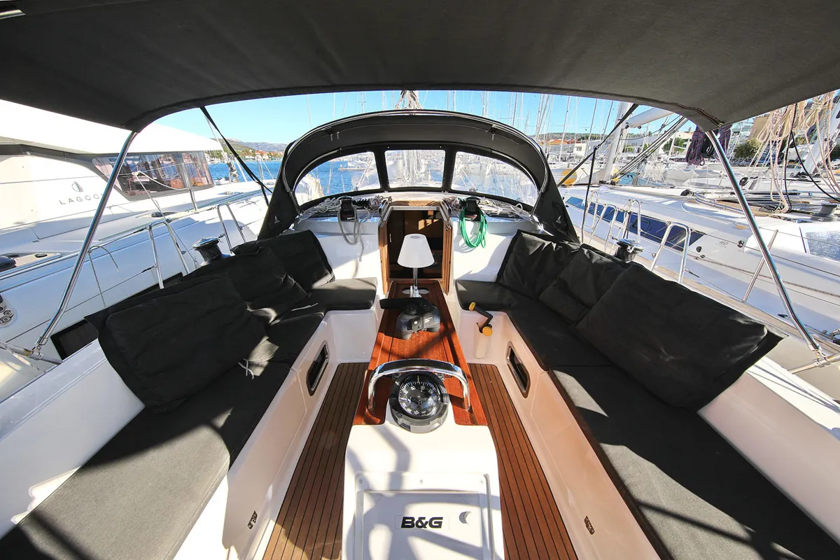 Cockpit of Saphir, a Bavaria Cruiser 46 sailboat at Grad Trogir, Croatia