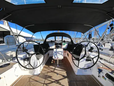 Cockpit of Saphir, a Bavaria Cruiser 46 sailboat at Grad Trogir, Croatia