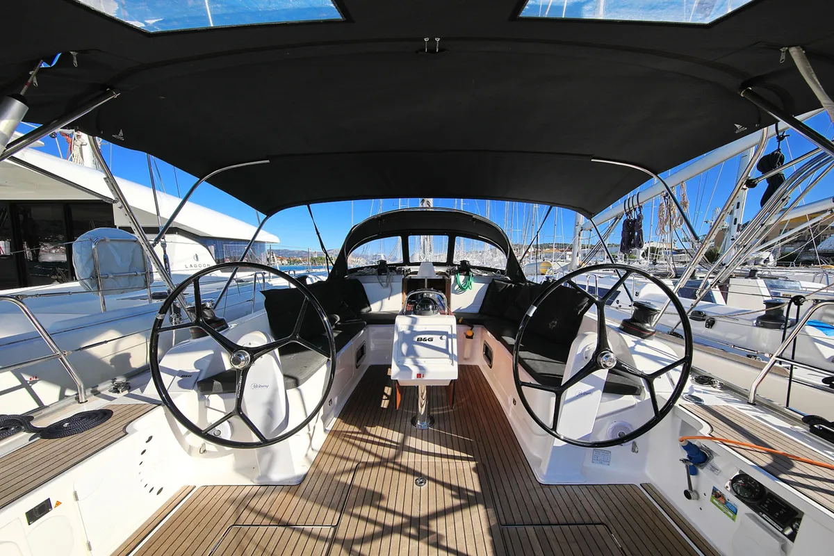 Cockpit of Saphir, a Bavaria Cruiser 46 sailboat at Grad Trogir, Croatia