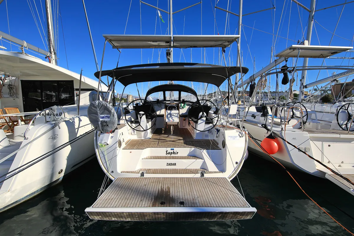 Exterior view of Saphir, a Bavaria Cruiser 46 sailboat at Grad Trogir, Croatia
