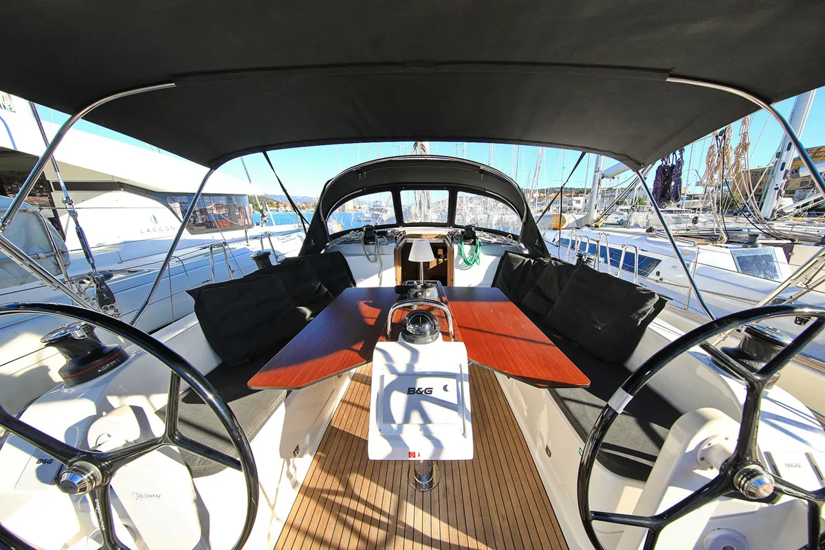 Cockpit of Saphir, a Bavaria Cruiser 46 sailboat at Grad Trogir, Croatia