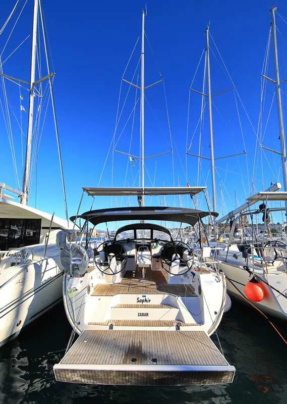 Exterior view of Saphir, a Bavaria Cruiser 46 sailboat at Grad Trogir, Croatia
