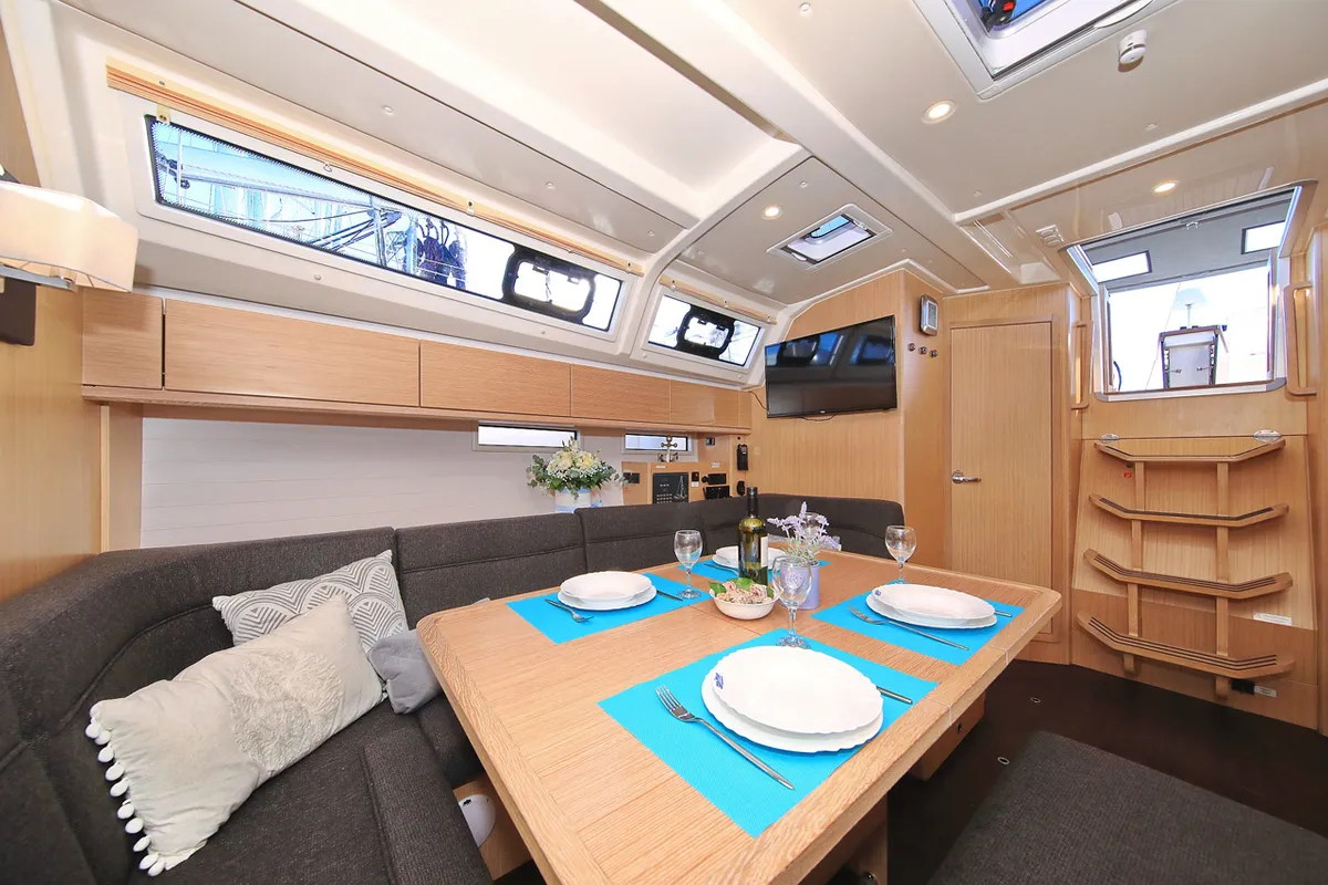 Salon of Saphir, a Bavaria Cruiser 46 sailboat at Grad Trogir, Croatia