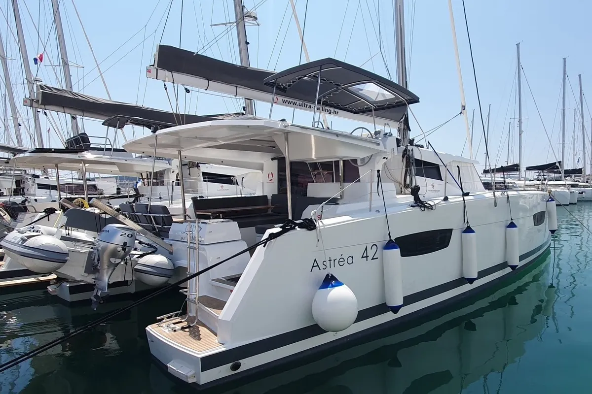 Exterior view of CRAZY DIAMOND, a Fountaine Pajot Astréa 42 catamaran at Seget Donji, Croatia