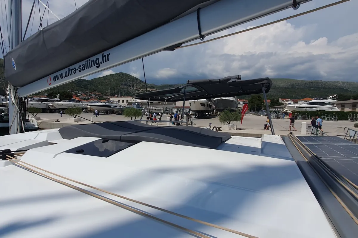 Deck of CRAZY DIAMOND, a Fountaine Pajot Astréa 42 catamaran at Seget Donji, Croatia