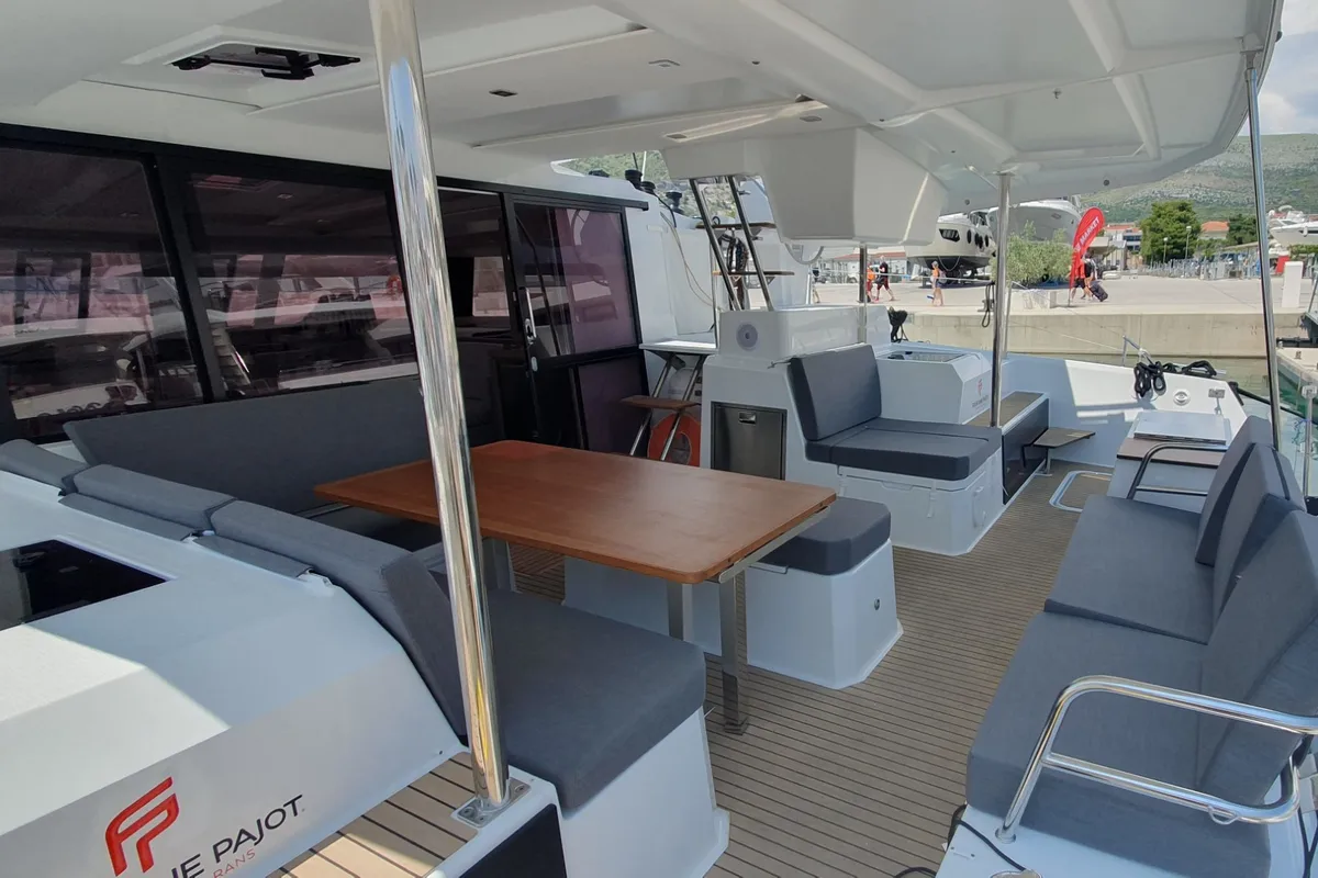 Deck of CRAZY DIAMOND, a Fountaine Pajot Astréa 42 catamaran at Seget Donji, Croatia