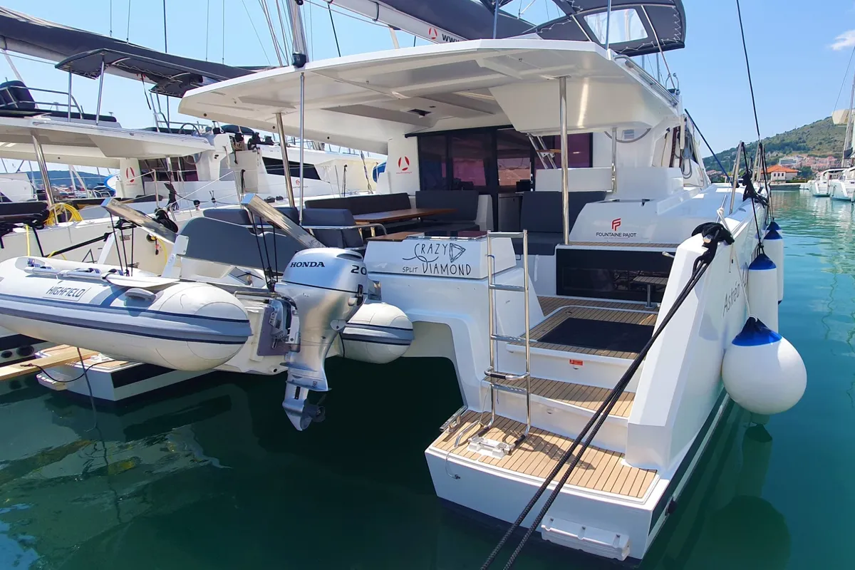 Exterior view of CRAZY DIAMOND, a Fountaine Pajot Astréa 42 catamaran at Seget Donji, Croatia