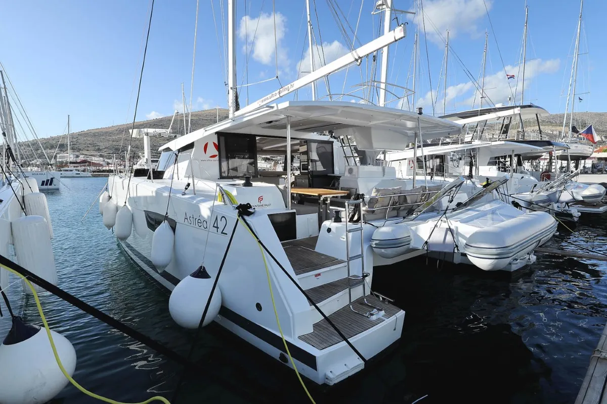 Exterior view of CRAZY DIAMOND, a Fountaine Pajot Astréa 42 catamaran at Seget Donji, Croatia