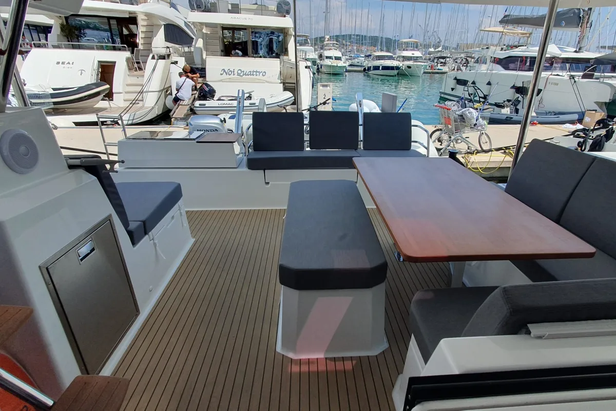 Deck of CRAZY DIAMOND, a Fountaine Pajot Astréa 42 catamaran at Seget Donji, Croatia