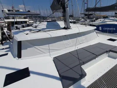 Deck of CRAZY DIAMOND, a Fountaine Pajot Astréa 42 catamaran at Seget Donji, Croatia