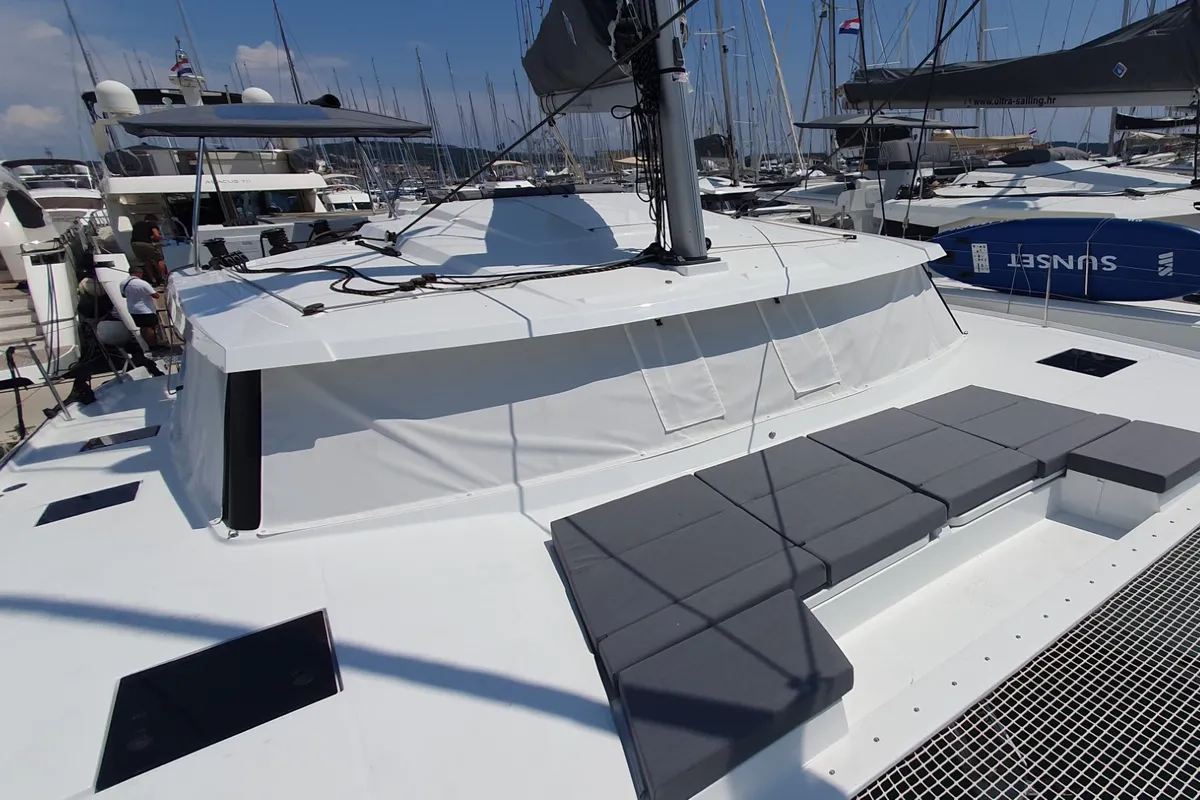 Deck of CRAZY DIAMOND, a Fountaine Pajot Astréa 42 catamaran at Seget Donji, Croatia