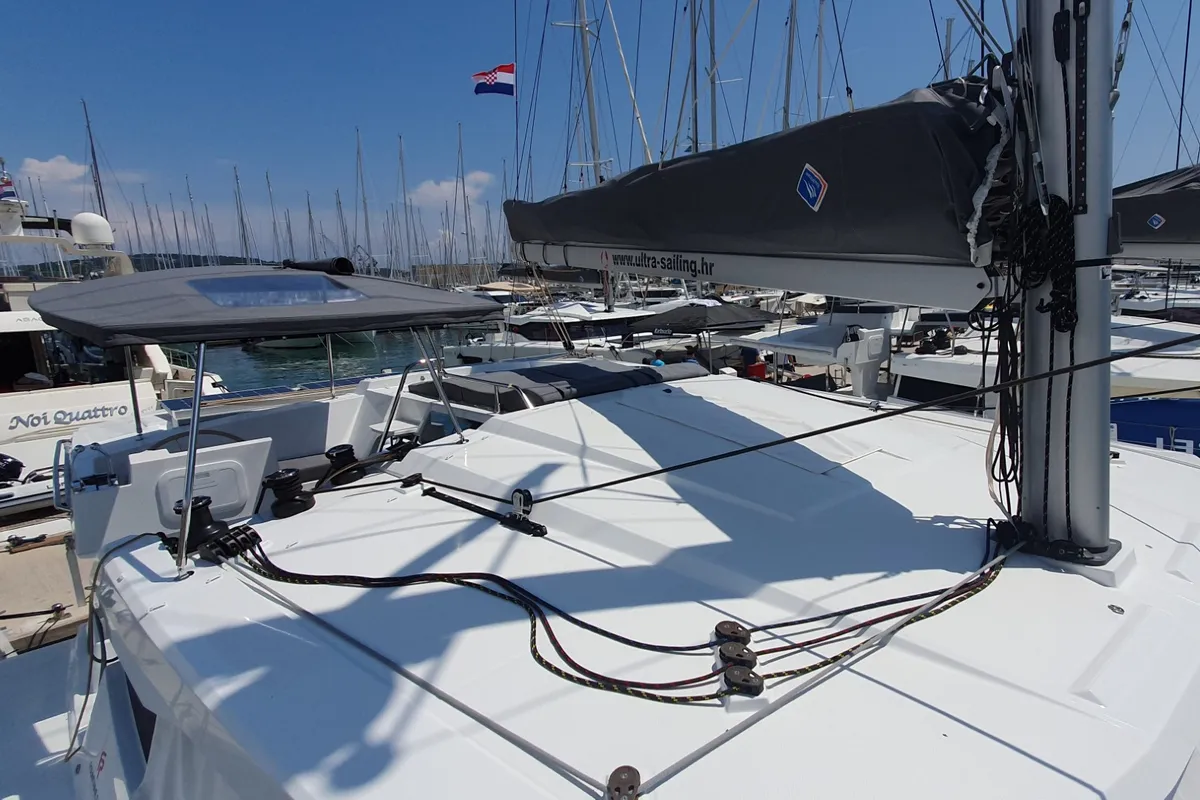 Deck of CRAZY DIAMOND, a Fountaine Pajot Astréa 42 catamaran at Seget Donji, Croatia