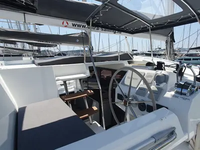 Cockpit of CRAZY DIAMOND, a Fountaine Pajot Astréa 42 catamaran at Seget Donji, Croatia