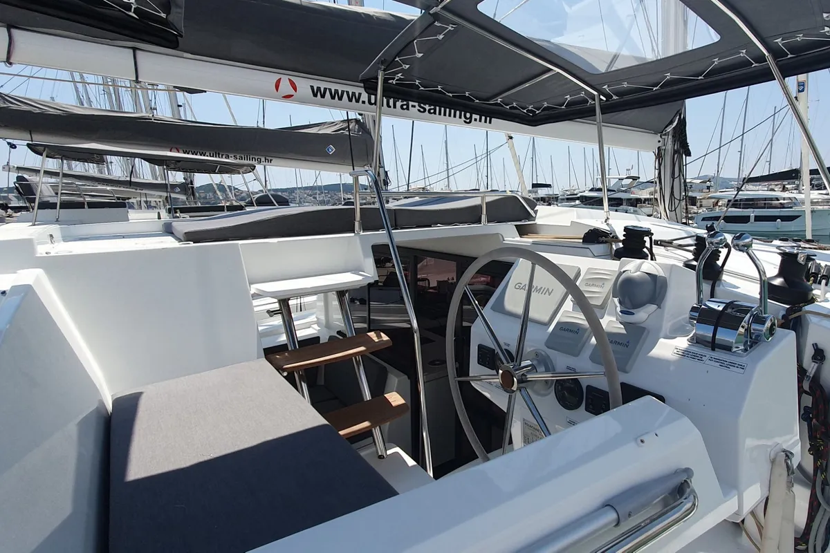 Cockpit of CRAZY DIAMOND, a Fountaine Pajot Astréa 42 catamaran at Seget Donji, Croatia