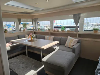 Salon of TriWing Carida, a Lagoon 55 catamaran at Grad Kaštela, Croatia