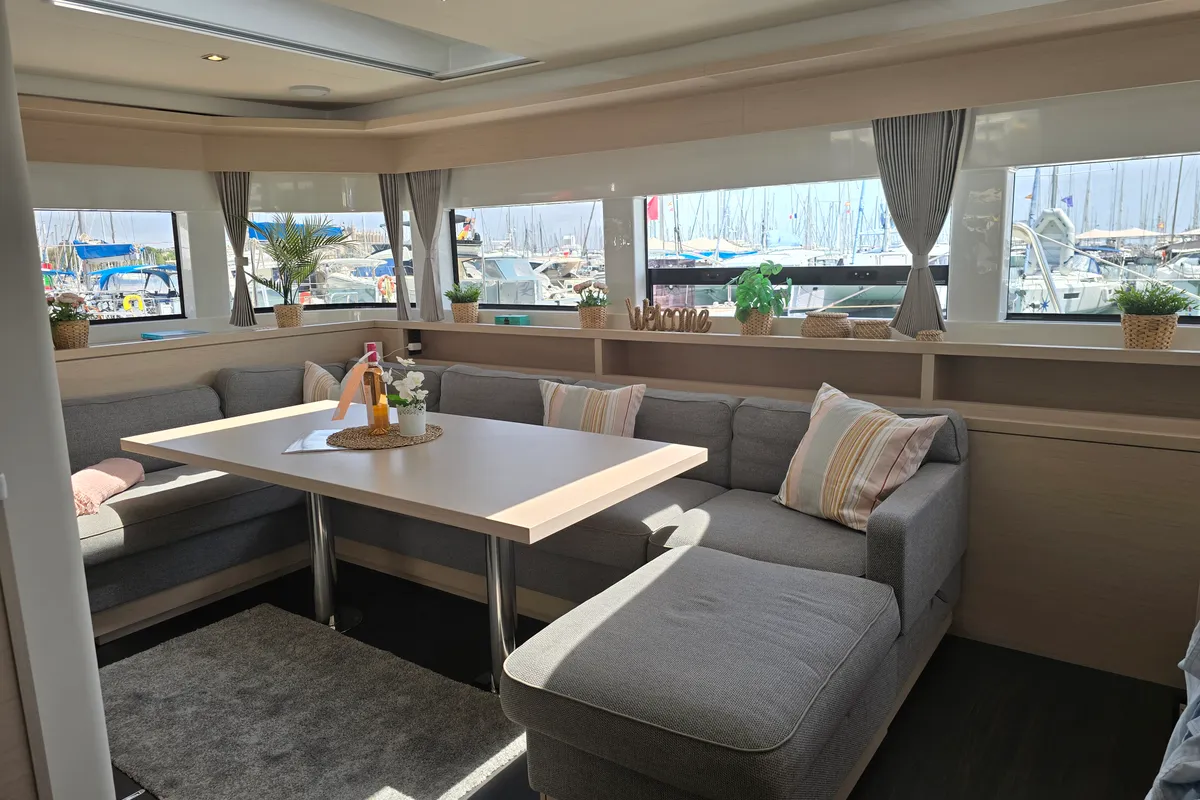 Salon of TriWing Carida, a Lagoon 55 catamaran at Grad Kaštela, Croatia